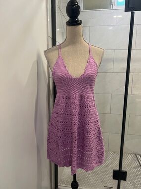 Crochet Halter Swim Coverup Dress in Lavender